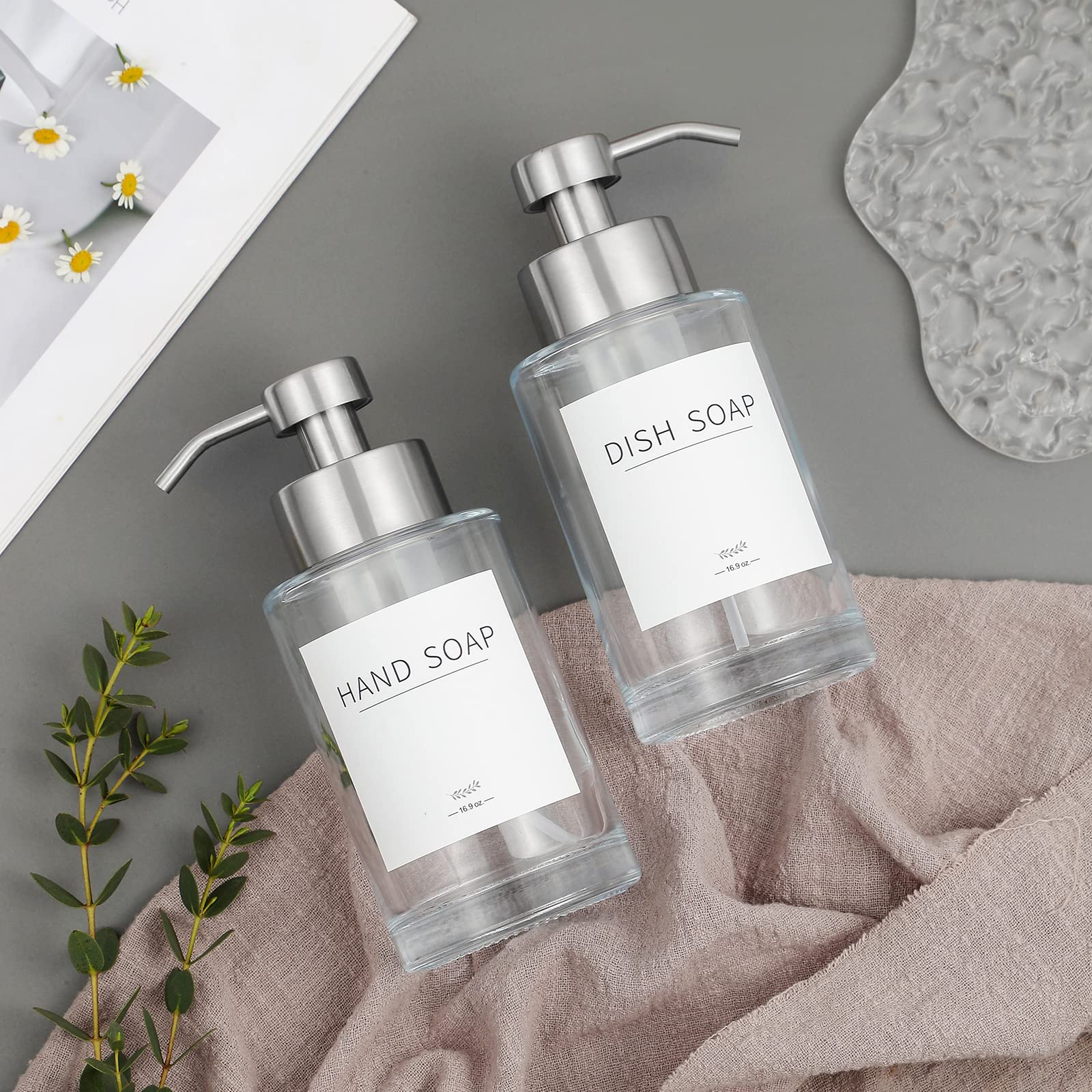 Foaming Soap Dispenser Set  17 Oz Clear Glass Hand Soap Dispenser with 304 Rust Proof Stainless Steel Pump  Waterproof Labels  for Bathroom Decor Kitchen College Dorm